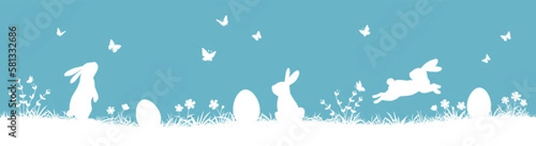 Obraz Easter seamless pattern with bunnies and Easter eggs. easter horizontal background with bunnies, flowers, butterflies and easter eggs .