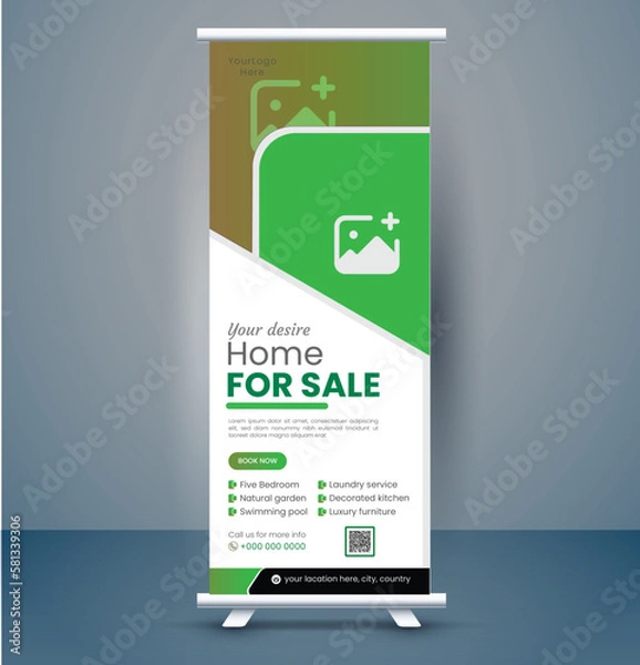 Obraz Corporate real estate roll up banner or pull up banner design template premium vector, billboard, banner stand or flag design layout. Poster for conference, forum, shop