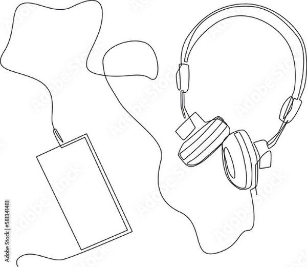 Fototapeta Single continuous line drawing of headset charging by powerbank. Electronic small home business equipment concept. Modern one line draw design graphic vector illustration