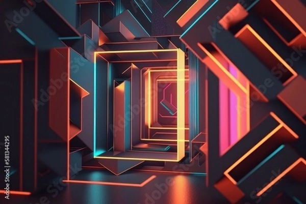 Fototapeta A dark room with a glowing tunnel and lights cyberpunk style