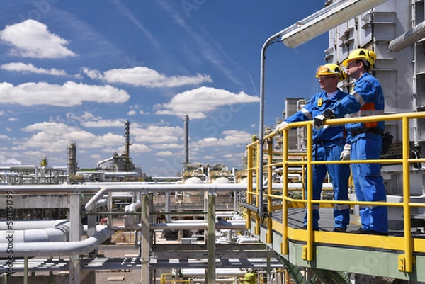 Fototapeta group of industrial workers in a refinery - oil processing equipment and machinery