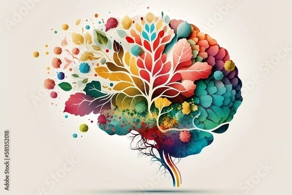 Obraz Colorful plants human brain. Mental health concept. Leaves on white paper background, modern drawn. Image is AI generated. Template design elements. Blossom, botanical art.