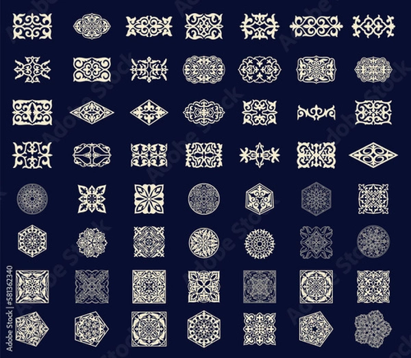Fototapeta Set of islamic ornaments in vector, persian motiff. 3d ramadan islamic round pattern elements. Geometric logo template set. Circular ornamental arabic symbols. National pattern of the Kazakhs, Kyrgyz