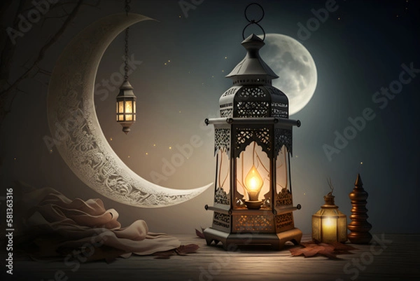 Fototapeta Arabic lantern with burning candle shining at night on a brown wooden table, moon in the evening sky, Ramadan, Generative AI 1