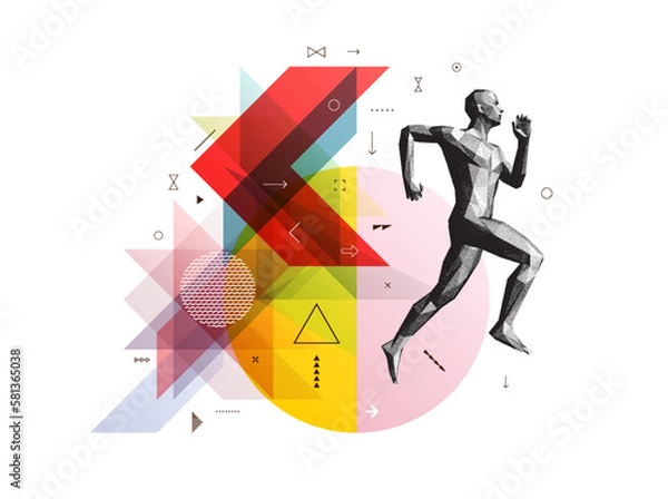 Fototapeta Art composition. Running man or marathon runner. 3D human body model. Design for sport. Transparency geometrical background. Cover design template for presentation, poster, cover or brochure.