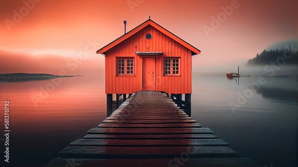 Fototapeta A wooden pier leading to a colorful houseboat with Generative AI.