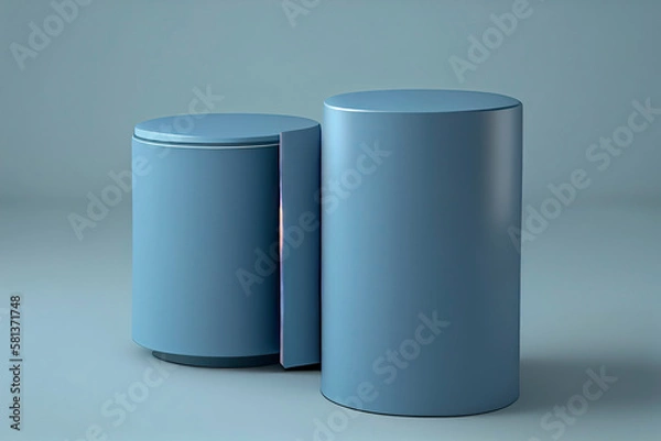 Fototapeta Two blue cylindrical podiums on a neutral background for product presentation in 3D rendering