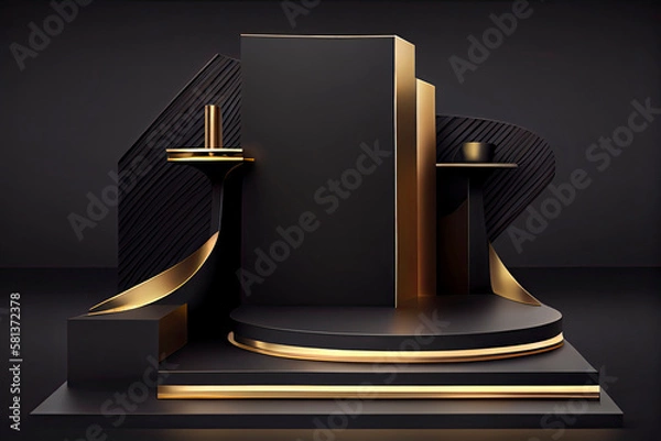 Fototapeta Black Friday banner background with a podium platform, black and gold stuff on a dark scene for product