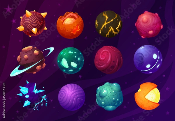 Obraz Hand -drawn set of space planets with craters, radiance, rings, bulbches, crystals, lava, mechanics, in a cartoon style.
