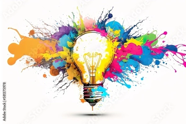 Obraz Light bulb with acrylic paint colorful explosion on white background. Realistic lamp symbol of creativity and innovation