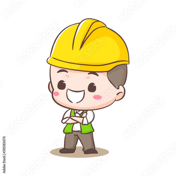 Fototapeta Cute Contractor or architecture Cartoon Character posing. People Building Icon Concept design. Isolated Flat Cartoon Style. Vector art illustration