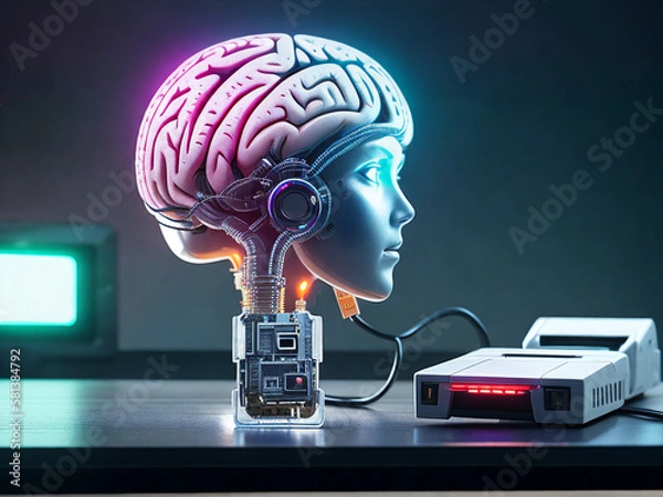 Obraz An artificial head with brains connected to a computer on a desk, generative ai