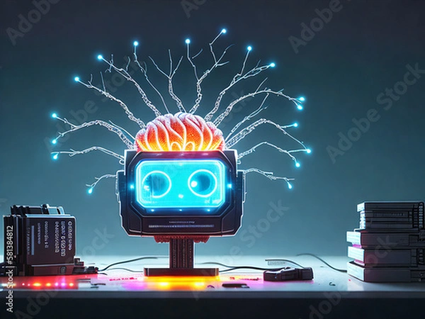 Obraz A brain connected with a computer with lights sticking out, generative ai