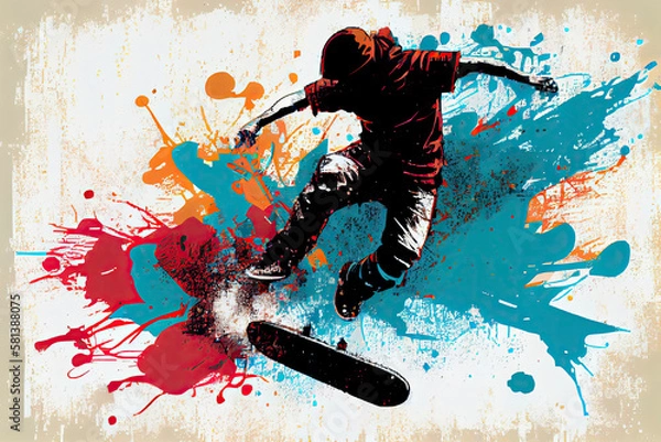 Fototapeta Skateboarding background. Extreme sports vector illustration with guy man skater