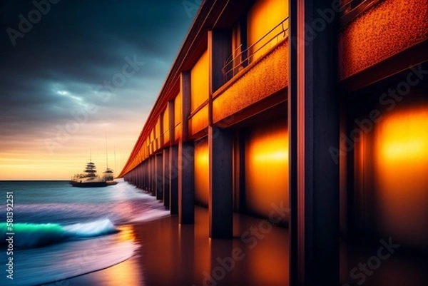 Fototapeta sunset over the sea and a ship ai generative