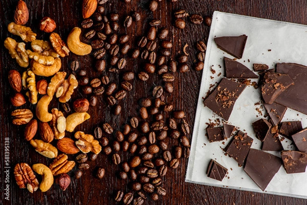 Obraz Coffee Beans. Coffee. Cups of coffee home brewed.  Espresso with steamed milk, frothy milk foam, topped with sugar and chocolate syrup. Classic Italian or French cafe or coffee shop drink.