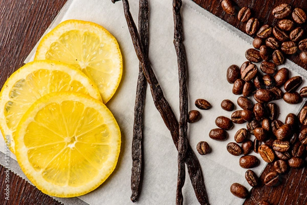 Obraz Coffee Beans. Coffee. Cups of coffee home brewed.  Espresso with steamed milk, frothy milk foam, topped with sugar and chocolate syrup. Classic Italian or French cafe or coffee shop drink.