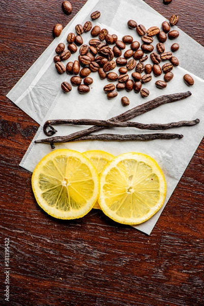 Obraz Coffee Beans. Coffee. Cups of coffee home brewed.  Espresso with steamed milk, frothy milk foam, topped with sugar and chocolate syrup. Classic Italian or French cafe or coffee shop drink.