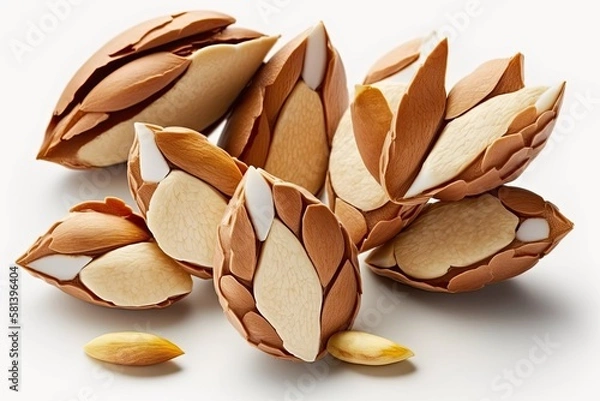 Obraz Delicious almond pieces on a white backdrop. Generative AI