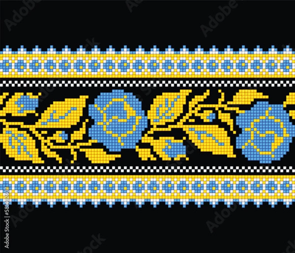 Fototapeta Realistic Cross-Stitch Embroideried Seamless Border with Roses. Ethnic Floral Motif, Handmade Stylization. Traditional Ukrainian Yellow and Blue Embroidery. Ethnic Element. Vector 3d Illustration