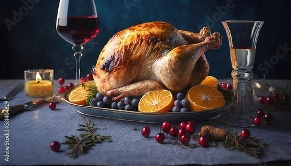 Obraz クリスマス_ローストチキン_青_Christmas_roasted chicken_generative ai