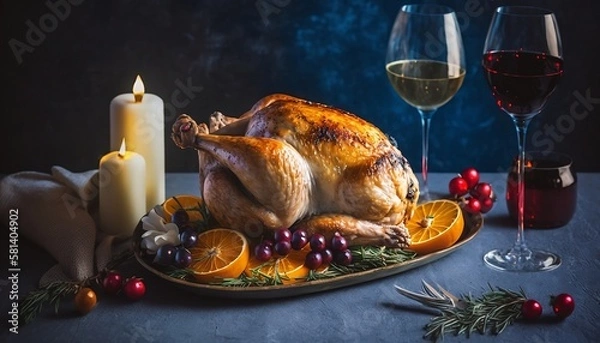 Obraz クリスマス_ローストチキン_青_Christmas_roasted chicken_generative ai