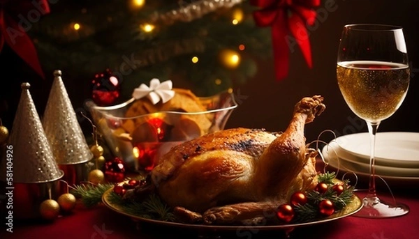 Obraz クリスマス_ローストチキン_赤_Christmas_roasted chicken_generative ai