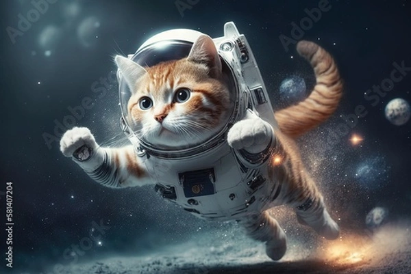 Fototapeta cat astronaut floating in space, wearing a tiny space suit and holding onto a rocket ship with its paws illustration generative ai