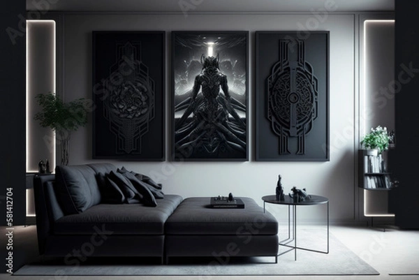 Fototapeta A large salon living room with a sofa. Featuring two armchairs, a sofa, mockup of a contemporary interior ,made with Generative AI
