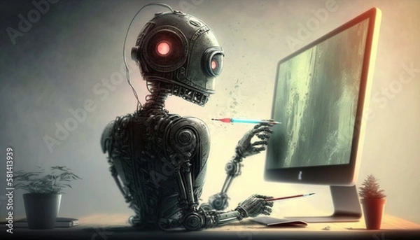 Fototapeta パソコンで絵を描くロボット_Painting Robot_generative ai