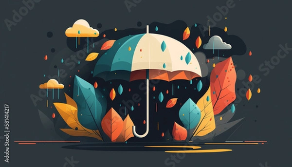 Obraz カラフルな傘と雨_Colorful umbrellas and rain_generative ai