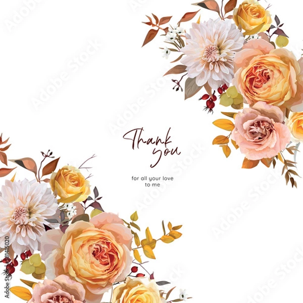 Fototapeta Autumn flowers, leaves frame, border. Thanksgiving holiday gift card, fall wedding invite. Yellow, orange peach garden roses, white dahlia, eucalyptus watercolor vector illustration. Editable template