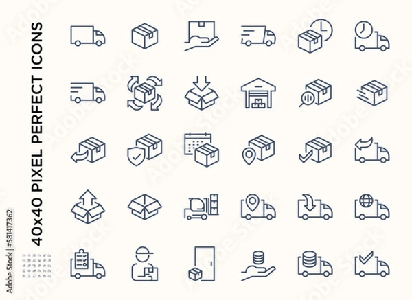 Fototapeta Simple set of Delivery service icon set. Contains such Icons as Warehouse, Storage and box or parcel package outline, Express Shipping, Supply. Editable stroke