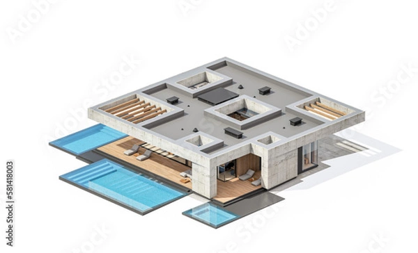 Obraz 3d rendering of new concrete house in modern style with pool and parking for sale or rent only one floor in evening. Isolated on white