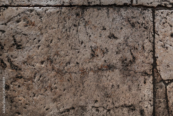 Obraz Old aged damaged marble bumpy uneven blocks. Trip pitted grunge granite tile cobble. Cragged grimy retro cranny frayed run track. Crannied dirtied shabby smashed gaping rustic big holes for 3d design