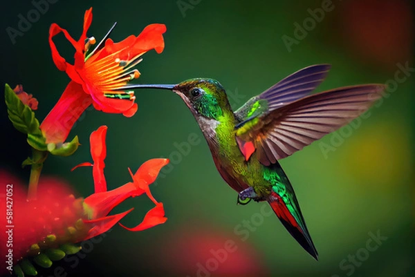 Fototapeta A hummingbird sucks honey from a flower.