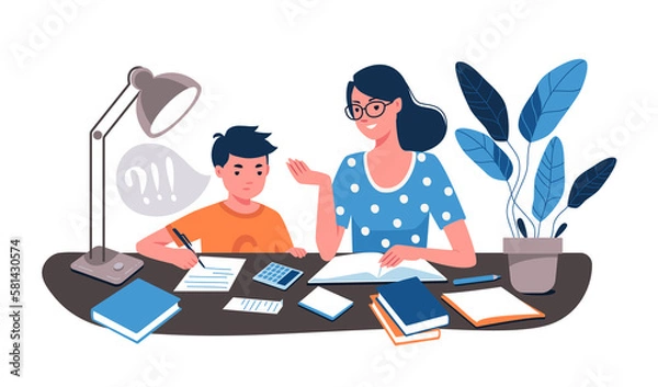 Fototapeta Child is educated at home. Homeschooling, tutor concept. Mom and son solve math problems, do homework. Raster characters flat cartoon illustration.