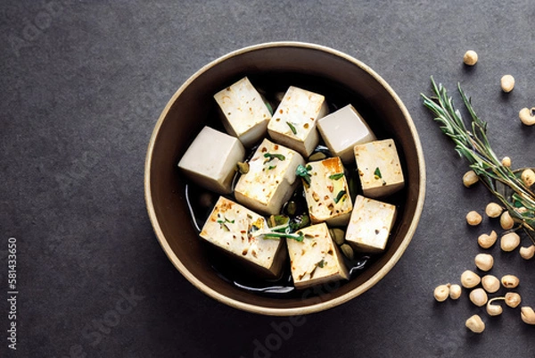 Fototapeta Bowl of marinated Tofu with soy sauce created with Generative AI technology