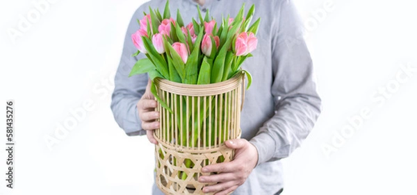 Fototapeta A man holds a basket with a bouquet of flowers in his hands on a white background. Gift, flower delivery, greeting card. spring tulips