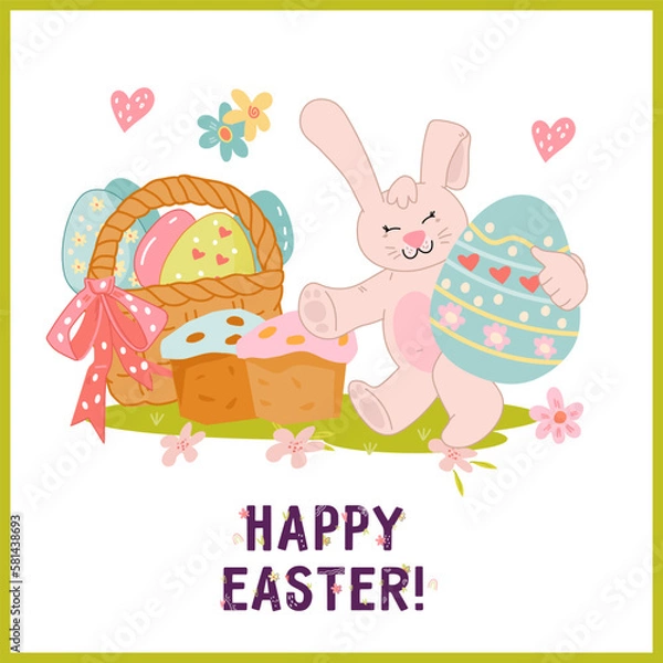 Fototapeta Happy Easter card design mockup flat vector illustration. Easter banner or card design with cute rabbit.