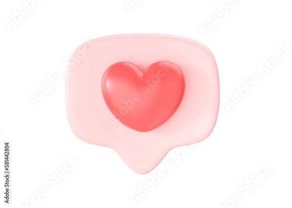 Fototapeta 3d social media love heart icon render - message bubble for chat and network speech on mobile phone