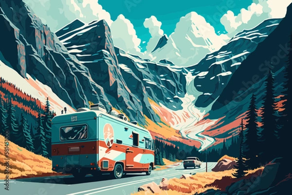 Fototapeta Summer concept. Nice van on the way to summer holidays through the beautiful valley. Vector art. Generative AI technology.