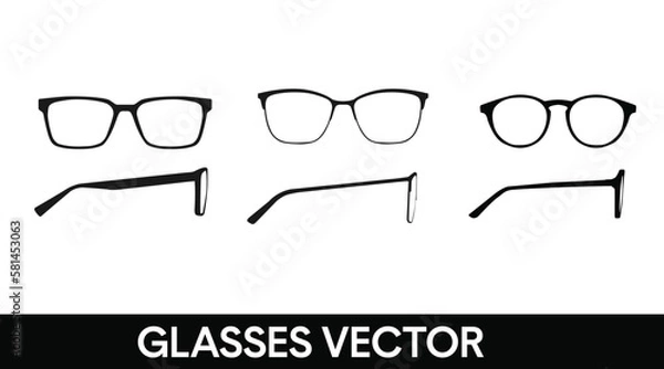 Obraz Vector isolated Illustration of a Glasses Frame Set. Set of Black glasses Frame Front and Side View