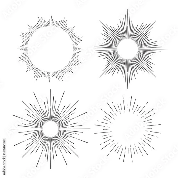 Fototapeta Hand drawn set of sunburst etching style frame rays vector illustration
