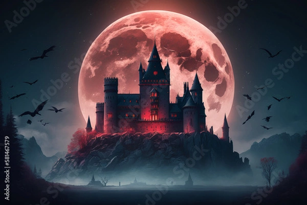 Fototapeta Aesthetic fantasy castle in forest at moonlit night, bats and foggy environment, digital illustration artwork.