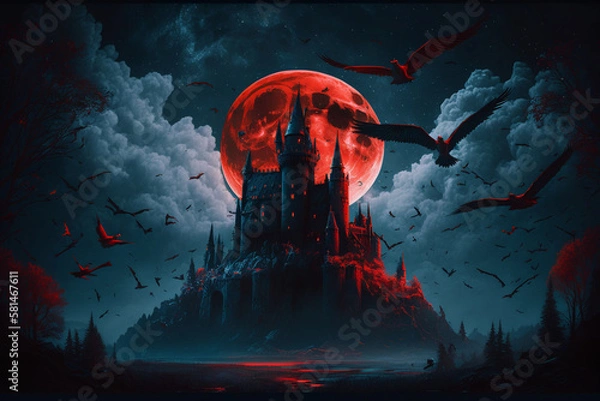 Obraz Aesthetic fantasy castle in forest at moonlit night, bats and foggy environment, digital illustration artwork.