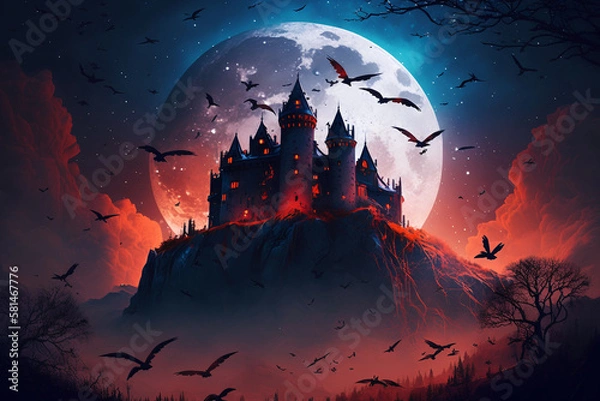 Fototapeta Aesthetic fantasy castle in forest at moonlit night, bats and foggy environment, digital illustration artwork.