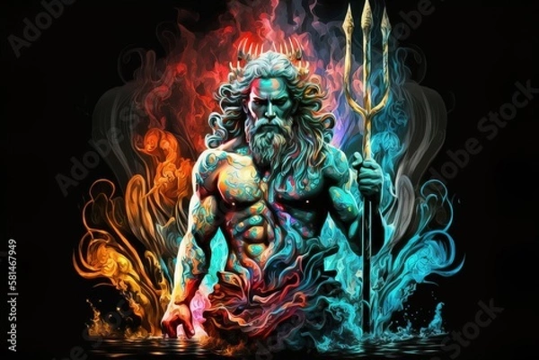Obraz An illustration of Poseidon, the Greek god of the seas, or Neptune for the Romans, with the trident and the crown in colorful flames. Generative ai