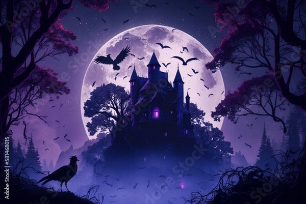 Fototapeta Aesthetic fantasy castle in forest at moonlit night, bats and foggy environment, digital illustration artwork.