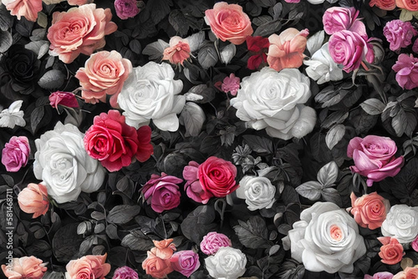 Fototapeta white and colored roses on black background ai generative
